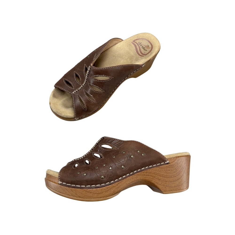 Dansko Sheri Clog Sandals Brown Leather Floral Embossed Wedge Women's EU 36